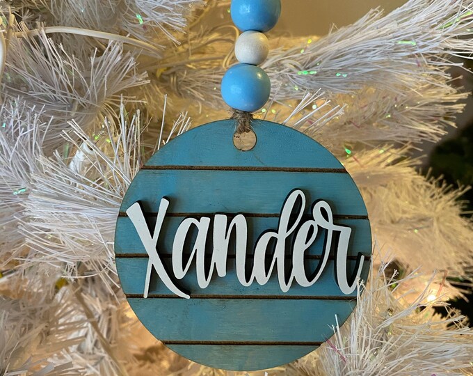 Personalized Name Ornament (Antique Blue), Wooden Home Decor, Hand Painted, Christmas Gift, Home Decor