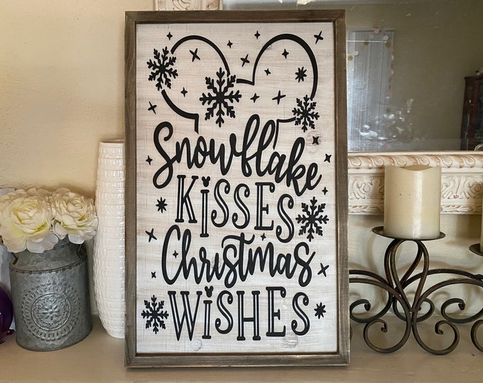Snowflake Kisses Christmas Wishes Inspired Wall Sign, Wooden Home Decor, Hand Painted, Christmas Gift, Home Decor, Wall Art