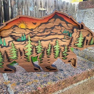 Bear and Mountains Layered Wooden Home Decor, wall art