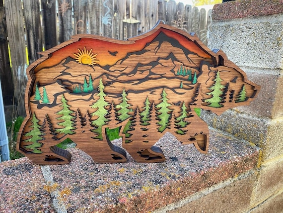 Bear and Mountains Layered Wooden Home Decor, Wooden Home Decor, Hand Painted, Fathers Day Gift, Home Decor, Wall Art