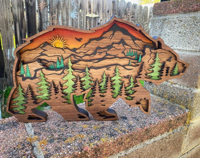 Bear and Mountains Layered Wooden Home Decor, Wooden Home Decor, Hand Painted, Fathers Day Gift, Home Decor, Wall Art