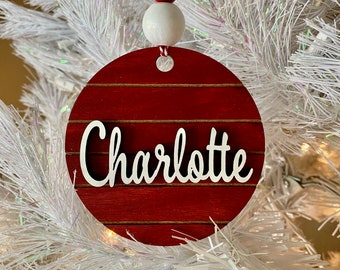 Farmhouse Personalized Name Ornament (Barn Red), Wooden Home Decor, Hand Painted, Christmas Gift, Home Decor