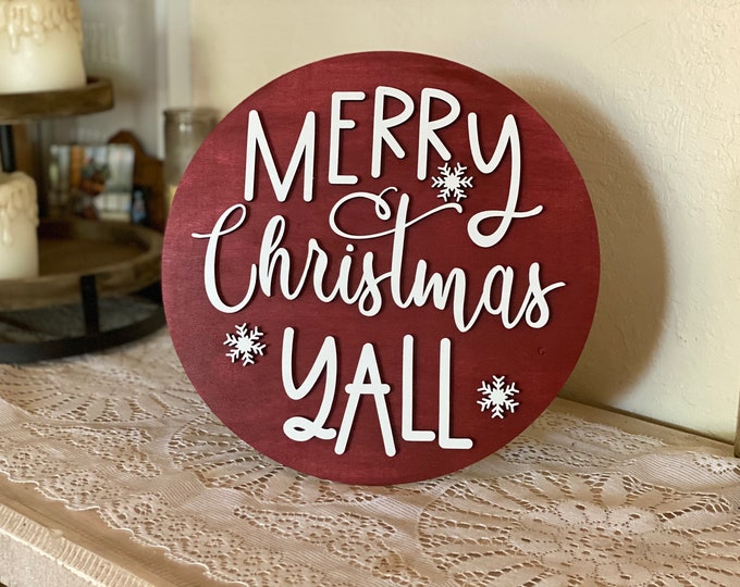 Merry Christmas Y'all Door Hanger, Wooden Home Decor, Hand Painted, Christmas Gift, Home Decor, Wall Art