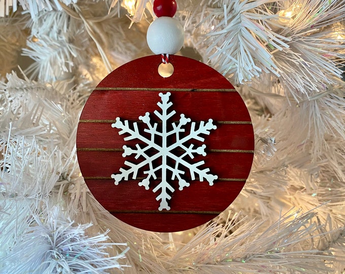 Farmhouse Snowflake Ornament (Barn Red), Wooden Home Decor, Hand Painted, Christmas Gift, Home Decor