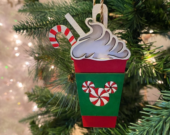 Mouse Christmas Peppermint Mocha Inspired Christmas Ornament, Wooden Home Decor, Hand Painted, Christmas Gift, Home Decor
