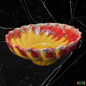 Vintage Lane and Company California Ceramic Bowl Swirl Drip Glaze Yellow & Red Ombre 1960s