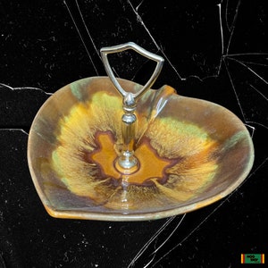 Vintage 1960s California Pottery Drip Glaze Leaf Dish LD 705 w/ Handle MCM