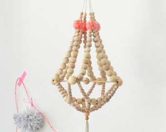 Wooden beads chandelier on criss cross supporter, nursery mobile, nursery decor,pajaki inspired,hanging decor