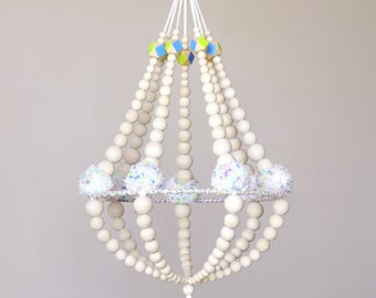 Wooden beads and pom poms chandelier,hanging decor, ceiling decor, nursery mobile, handmade