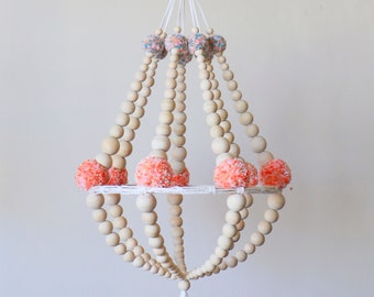 Wooden beads and pom poms mobile, ceiling hanging, hanging decor, ceiling decor, nursery mobile, handmade