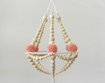 Wooden Beads and Pompons Crown Chandelier with pale pink/silver pompons and gold dotted white painted beads, ceiling decor, ceiling mobile