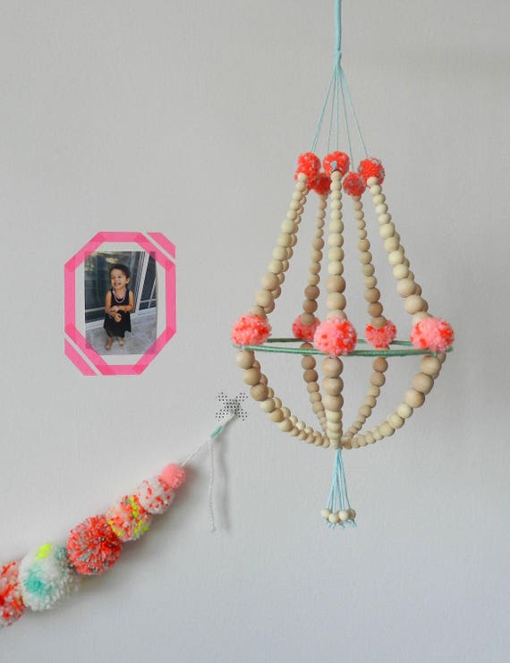 Wooden Beads And Pompons Chandelier Hanging Decor Ceiling Decor Nursery Mobile Handmade