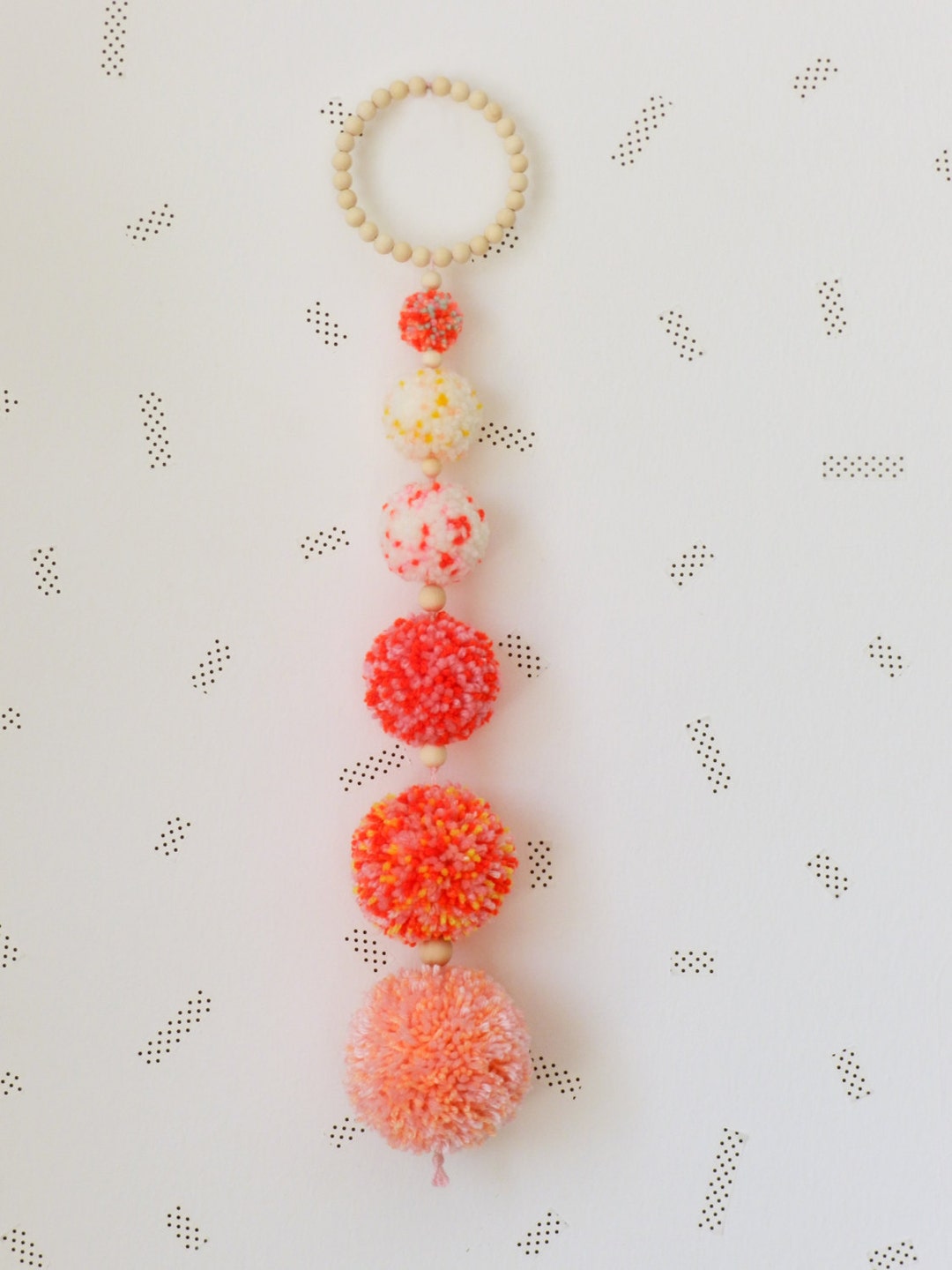 Pompons Drop Wall Hanging With Wooden Beads Ring Pom Poms Etsy