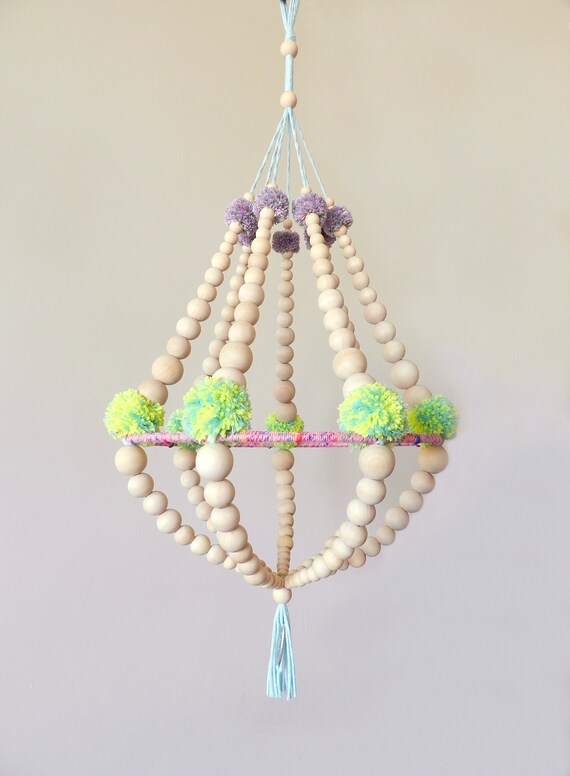 Wooden Beads And Pompons Chandelierhanging Decor Ceiling Etsy
