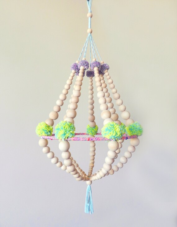 Wooden Beads And Pompons Chandelierhanging Decor Ceiling Etsy