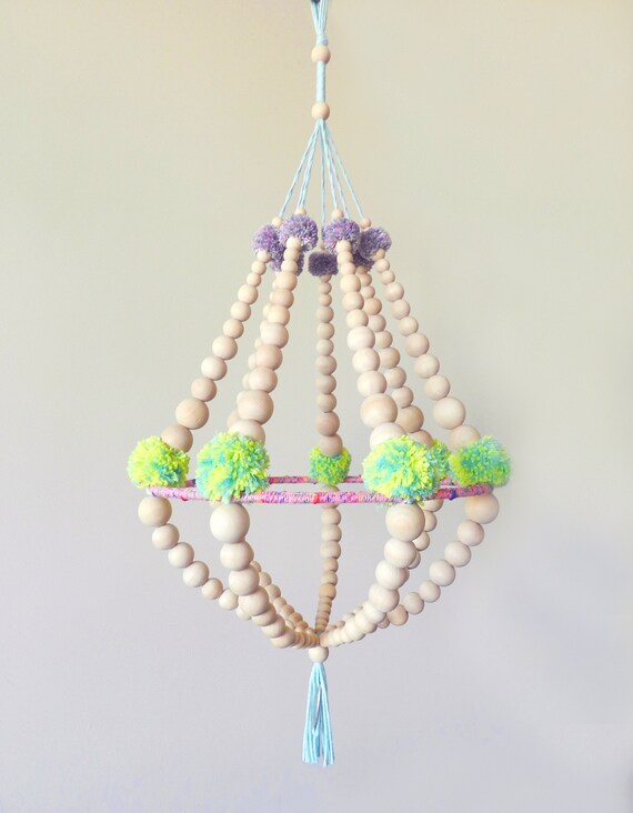 Wooden Beads And Pompons Chandelier Hanging Decor Ceiling Decor Nursery Mobile Handmade