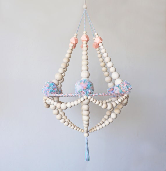 Wooden Beads And Pompons Pom Poms Crown Chandelier Peachy Uk Wooden Beads And Pompons Pom Poms Crown, Pom Chandelier Wall Hangings