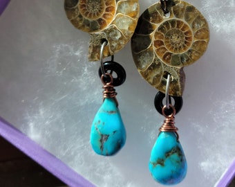 Ammonite Fossil and Turquise Drop Earrings