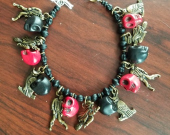 Halloween Skull Charm Bracelet Red & Black