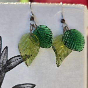 Dangly Green Glass Leaf Earrings