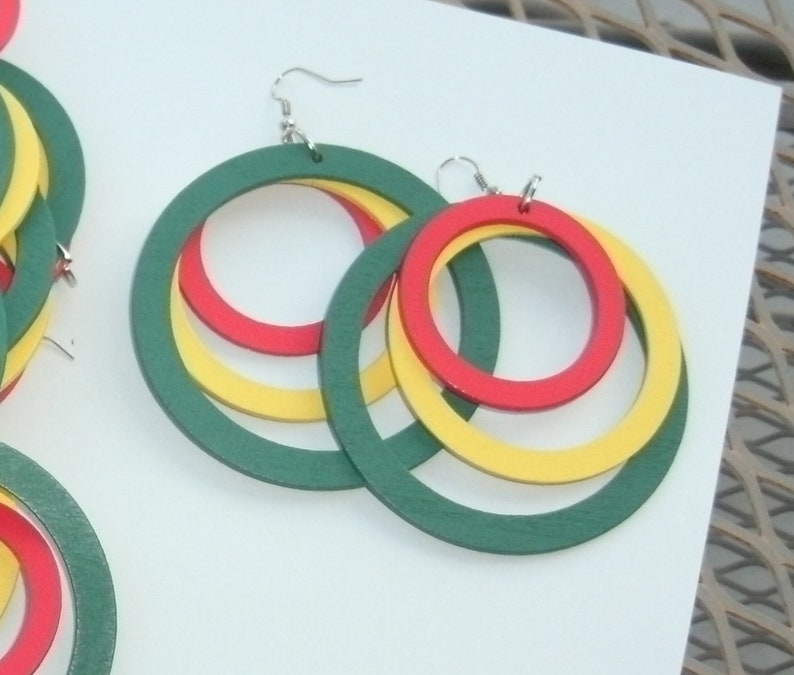 Mexican Fiesta Party Favors 8 Pairs Colorful Red Yellow Green Large Dangle Hoop Earrings Light Wood Festive South of Border Giveaway Gift