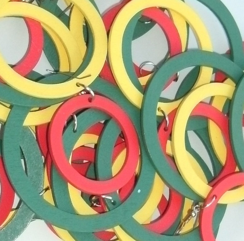 Mexican Fiesta Party Favors 8 Pairs Colorful Red Yellow Green Large Dangle Hoop Earrings Light Wood Festive South of Border Giveaway Gift