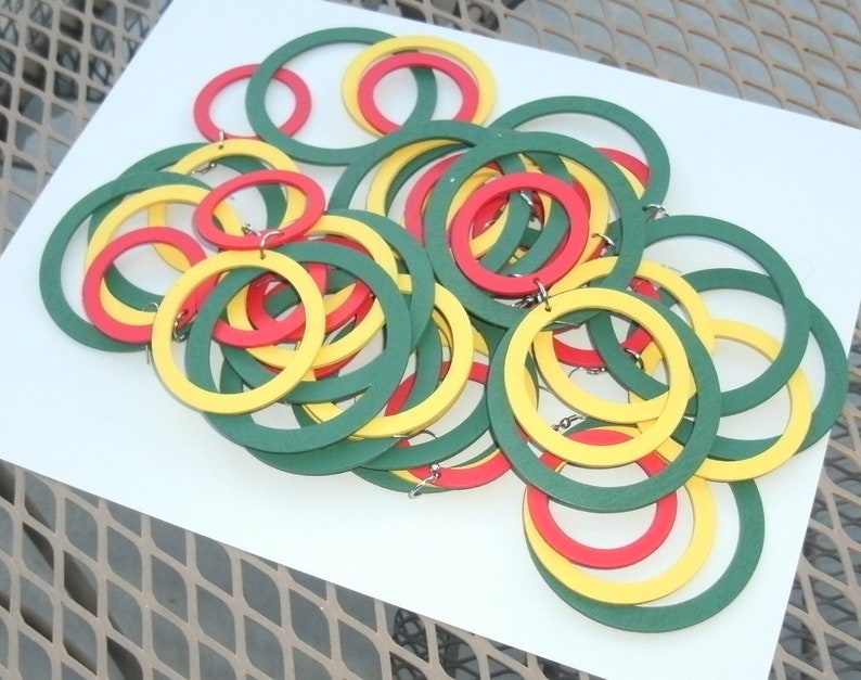 Mexican Fiesta Party Favors 8 Pairs Colorful Red Yellow Green Large Dangle Hoop Earrings Light Wood Festive South of Border Giveaway Gift