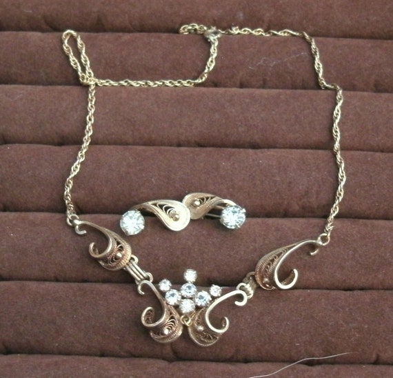 Am Lee Sterling Rhinestone Filligree Necklace & Sc