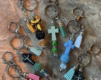 Cross, Faith, Jesus, beaded Keychain, Rod Keyring, Tassel, Key ring, Keyring fob, Keychain with tassel, Handmade by me