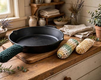 Cast iron pan handle covers, Thermal Stitch, Pan Handle Cozy, Handle Grip cover, Handmade in USA, Cotton yarn
