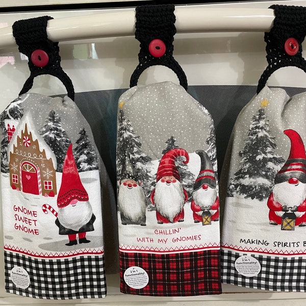 Winter Gnome, Kitchen Gnome, Gift for Gnome Lover, Dual Purpose Dish towel, Removable Crocheted Button hanger