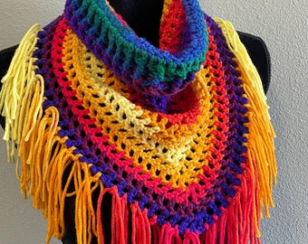 Ribbed Collar Fringed Bandanna Style Scarf vivid rainbow