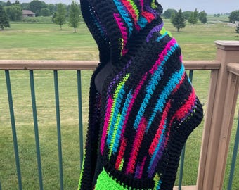Hooded Pocket Shawl - aprox 70"x18",  Neon, Black, Crocheted, Wrap, Chemo Wrap, Campfire wrap, Handmade by me