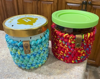 Full bottom, Ice cream pint Cozies, Ninja Creami container cozy, Handmade in USA, wicking, T-shirt yarn