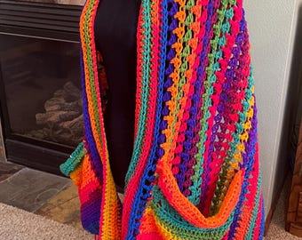 Rainbow stripes, BOHO, Twist Fringe, Pocket Shawl - aprox 70"x18",  Crocheted, Wrap, Chemo Wrap, Campfire wrap, Handmade by me