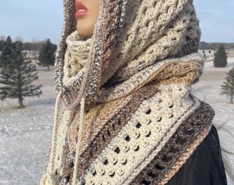 Hooded Cowl Bandanna Triangle Scarf, Hood, drawstring, BOHO, Renaissance, Tan, Cream, Hazel