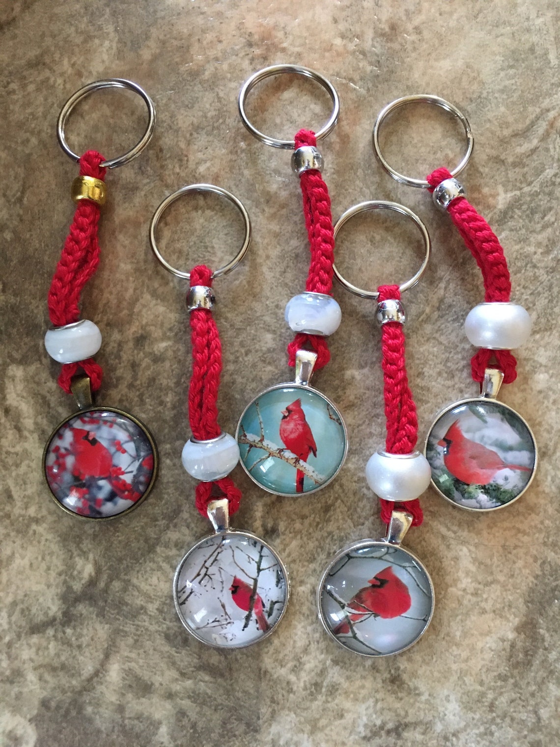 Cardinal Keychain Cardinal Keyring Glass Dome Pendant Charm Etsy