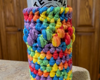Full bottom, Skinny can, Slim Can, Cozies, Rainbow, fits tall or short slim can, wicking yarn, handmade, T-shirt yarn