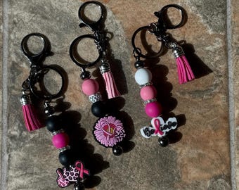 Pink Lady, Pink Ribbon, Breast Cancer Awareness, beaded, Keychain, Rod Keyring, Key ring, Keyring fob, with tassel, Handmade