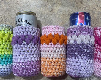 Full bottom, Skinny can, Slim Can, Cozies, Tie Dye, fits tall or short slim can, wicking yarn, handmade, T-shirt yarn