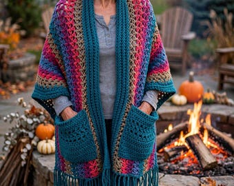 Jewel tone stripes, BOHO, Twist Fringe, Pocket Shawl - aprox 70"x18",  Crocheted, Wrap, Chemo Wrap, Campfire wrap, Handmade by me