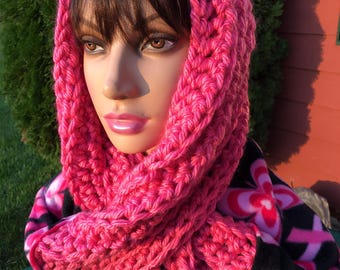 Gift for Cancer Survivor, 6 in 1 Scarf, Pink Ribbon, Fleece, Breast Cancer Awareness, Crocheted Chunky Yarn, Snood, Infinity Scarf