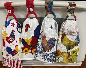 Rooster, Chickens, Country, Cotton, Kitchen Towel, Housewarming gift, Dual Purpose, Dish towel, Removable Crocheted Button hanger