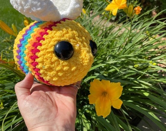 BEE UNIQUE, Plush Bee, Stuffie, Bumble Bee, Pride, Rainbow Stripe, Stuffed Bee, Handmade, Squishy, Pride Flags Bee