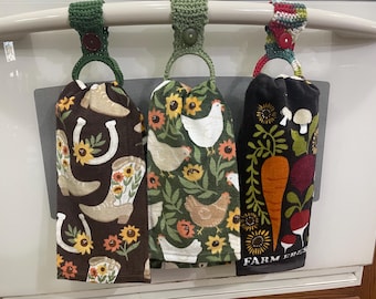 Country themed, Plush 100% cotton Hand towel,  removable crocheted Hanger, chicken, boots, sunflower