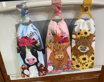 Highland Cow, Cows, Country, Cotton, Kitchen Towel, Housewarming gift, Dual Purpose, Dish towel, Removable Crocheted Button hanger