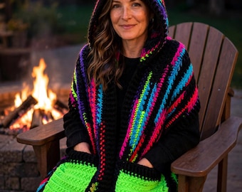 Hooded Pocket Shawl - aprox 70"x18",  Neon, Black, Crocheted, Wrap, Chemo Wrap, Campfire wrap, Handmade by me