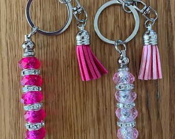 Pink Lady, Breast Cancer Awareness, Glass bead Keychain, Rod Keyring, Tassel, Key ring, Keyring fob, Keychain with charm, Handmade by me
