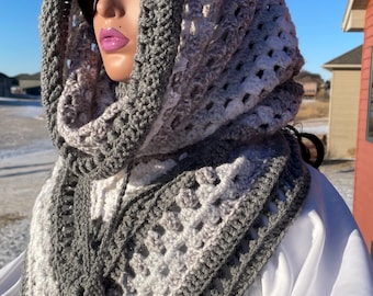 Hooded Cowl, Bandanna Triangle Scarf, Hood, drawstring, BOHO, Cowl Scarf, black, greys