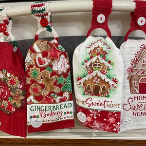 Christmas, Gingerbread, Kitchen, Gift for Mom, Dual Purpose Dish towel, Removable Crocheted Button hanger